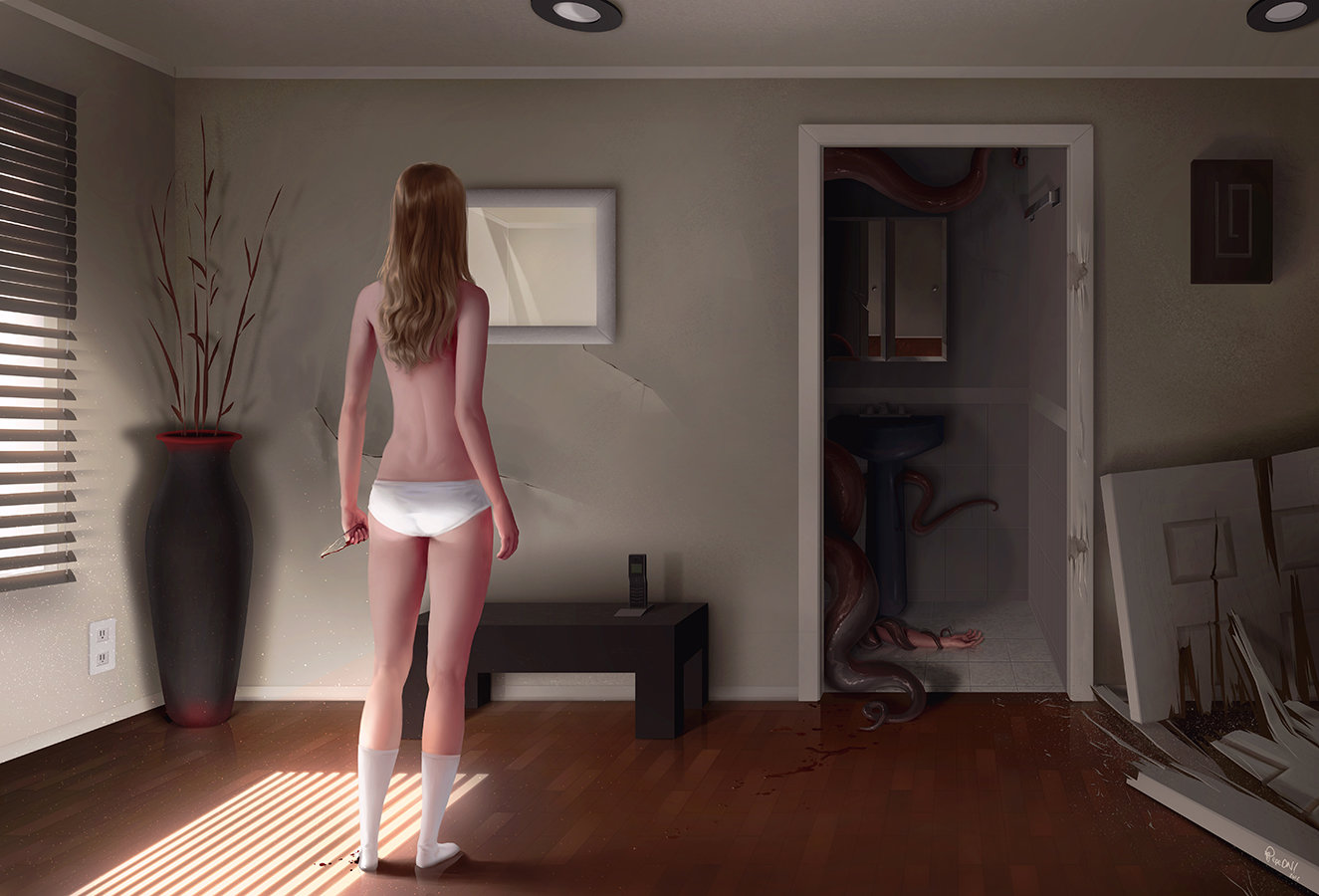 1325x900, 159 Kb / осьминог, жалюзи, зеркало, нож, топлесс, рендер