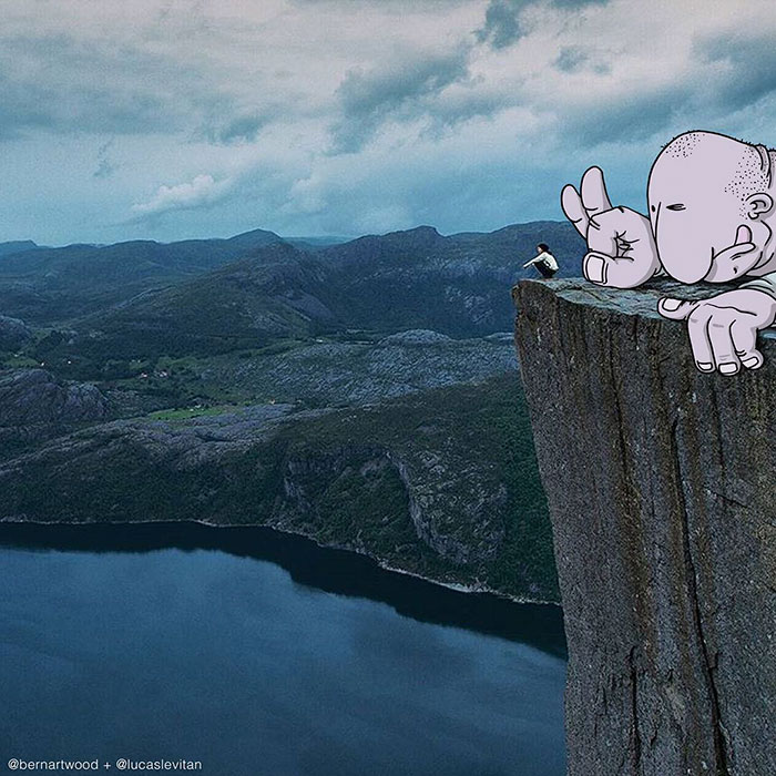 700x700, 122 Kb / iwanttobeinvaded, художник, карикатуры, юмор, щелбан, пропасть, скала, человек