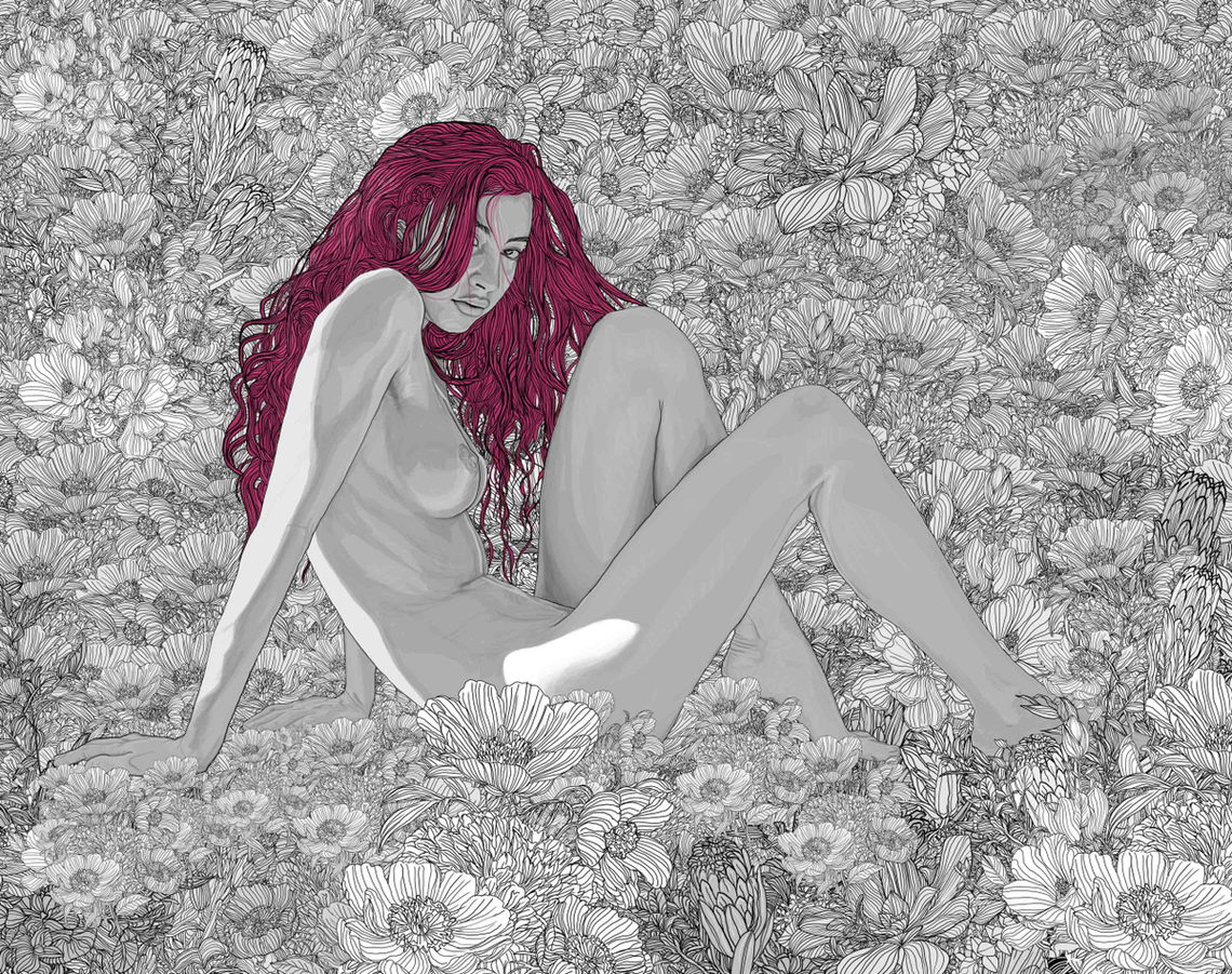 1140x901, 395 Kb / цветы, рисунок, фиолетовые, волосы, голая