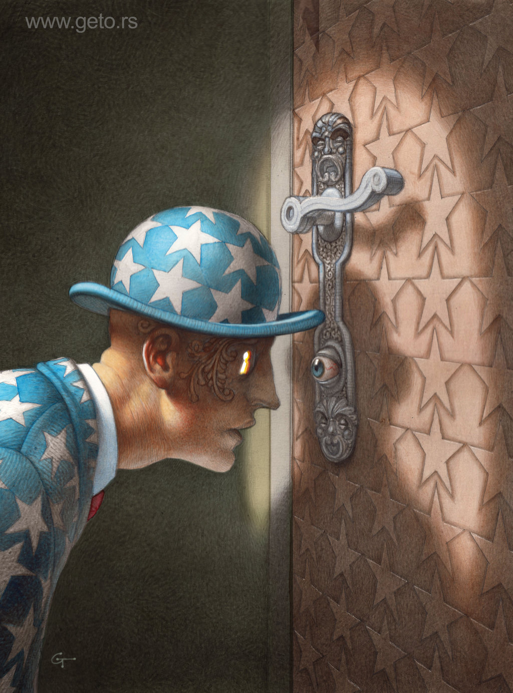 1024x1383, 295 Kb / дверь, глаз, скважина, замок, шляпа