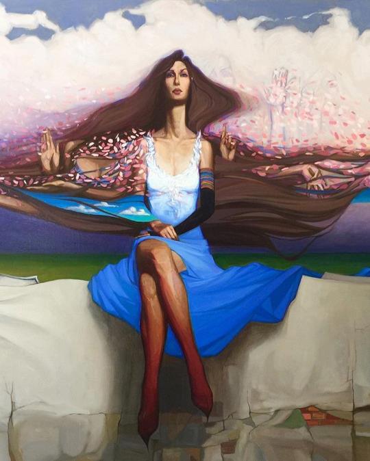 540x674, 46 Kb / девушка, руки, жесты, волосы, платье, ноги, чулки, Jacques, Bartels