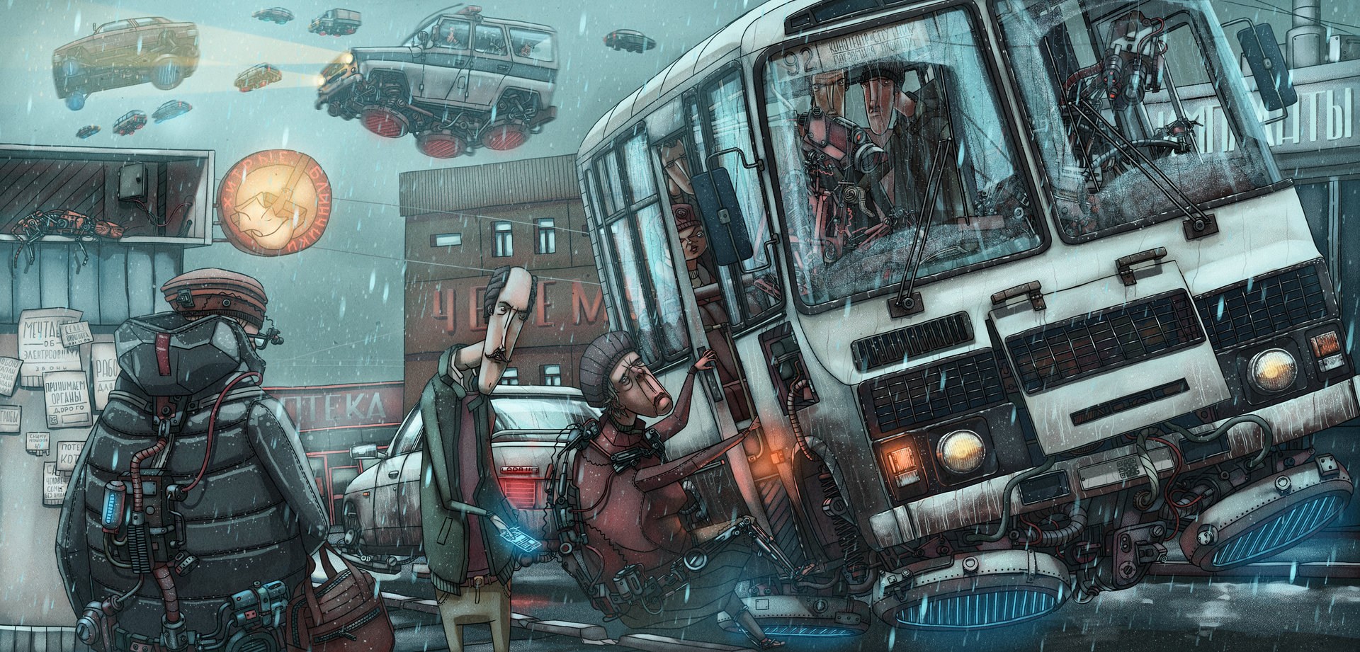 1920x921, 602 Kb / ПАЗ, полёт, машины, остановка, робот