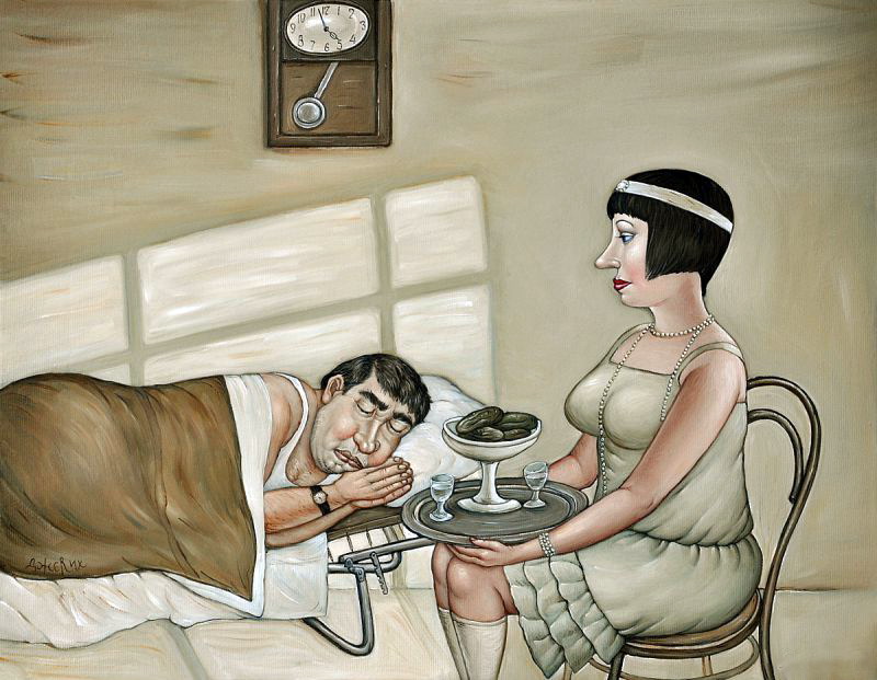 800x621, 137 Kb / часы, тень, завтрак, утро,спящий человек, женщина, сидит, стул, поднос, ваза, огурцы, рюмки, раскладушка