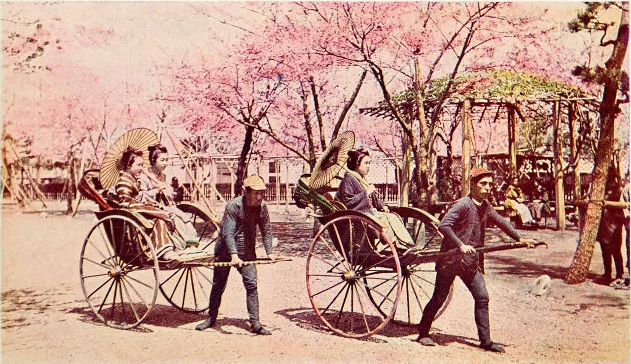 1280x738, 331 Kb / япония, 1900, дамы, зонтики, рикши