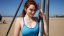 redhead, boobs, beautiful, Sabrina Lynn, Сабрина Линн, рыжая, купальник, синий, голубой, труба, пляж, наушник, улыбка, взгляд