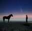 лошадь, человек, силуэт, камни, комета